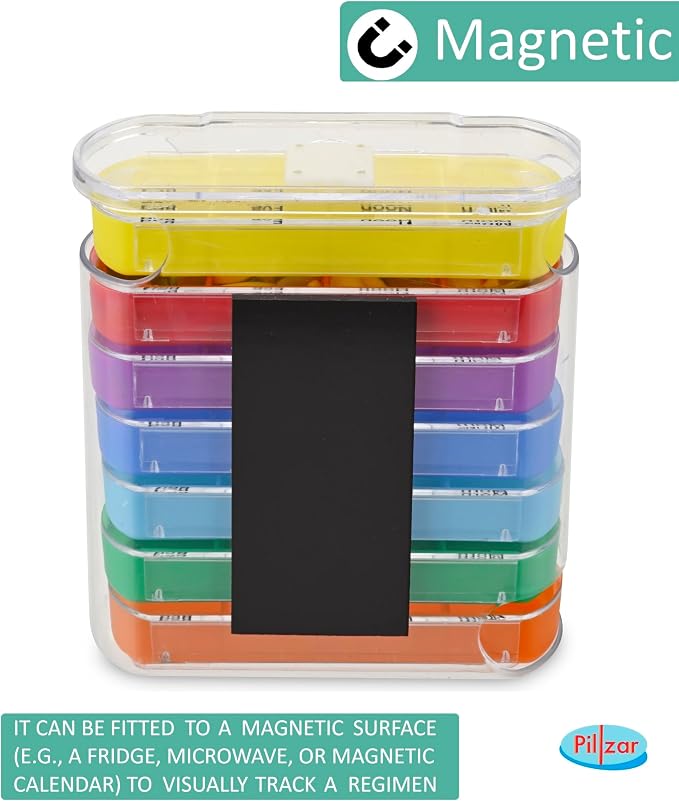 7 Day Pill Box Organizer, Hard Case with Embedded Magnet, 7 Stackable Trays, Perfect for Travel and Home Use.