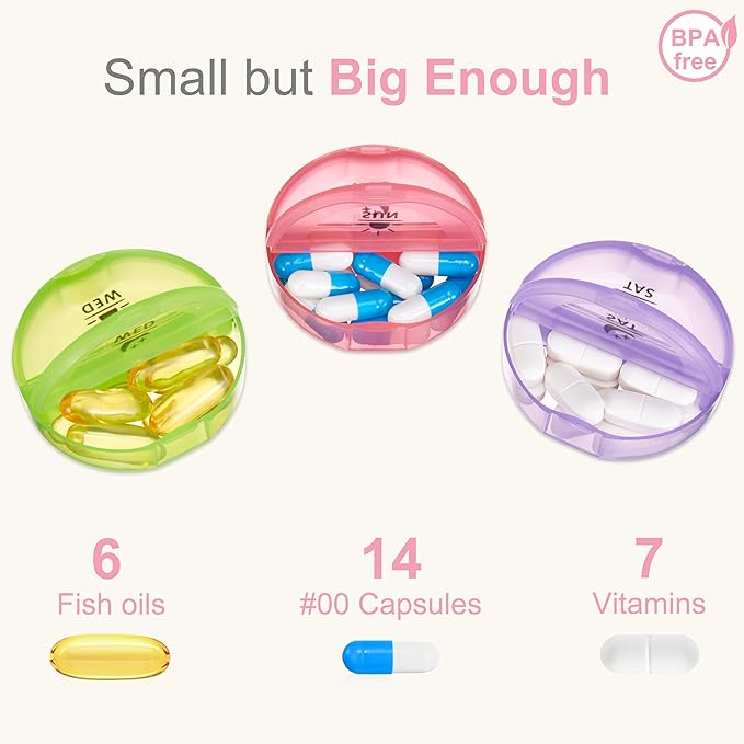 Fullicon PU Case Weekly Pill Box Organiser 2 Times A Day, Travel 7 Day Pill Boxes, Portable Tablet Organiser for Medicine, Medication, Vitamin, Fish Oil Supplements (Pink/Rainbow)