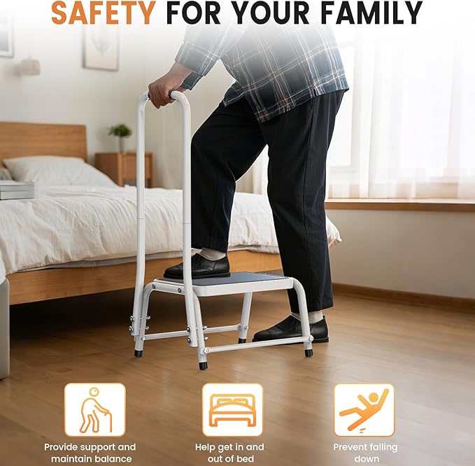 Step Stool with Handle for Ederly, Sturdy and Lightweight Stool,Easy Assmbly,Safely Supports up to 350 Pounds