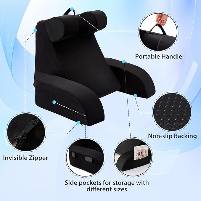 Reading Pillow for Sitting in Bed Adult, Back Pillow for Bed Sitting up, Backrest Pillow with Arms, Back Support Pillows for Gaming Lounging Watching TV, Medium 19" Black
