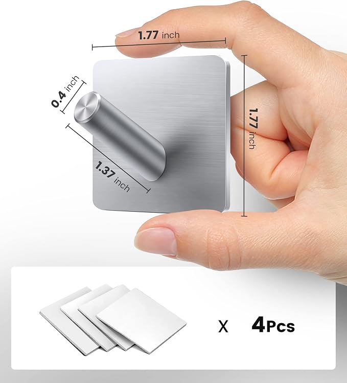 xdgeLoad Heavy Duty Adhesive Hooks, Bath Towel Hooks 4 Pack, Adhesive Wall Hooks for Bathrooms/Coat/Robe/Kitchen, Non-Punching self-Adhesive Hooks, Matte Stainless Steel Silver