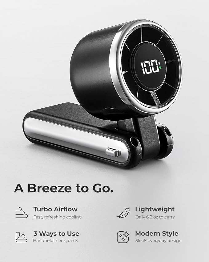 Portable Handheld Turbo Fan - 5 Gear High Speed 4000mAh Rechargeable Mini Personal Hand Fan Blow Cold Air, Battery Operated Travel Essentials, Beach Vacation, Gifts for Women, Men (Black)