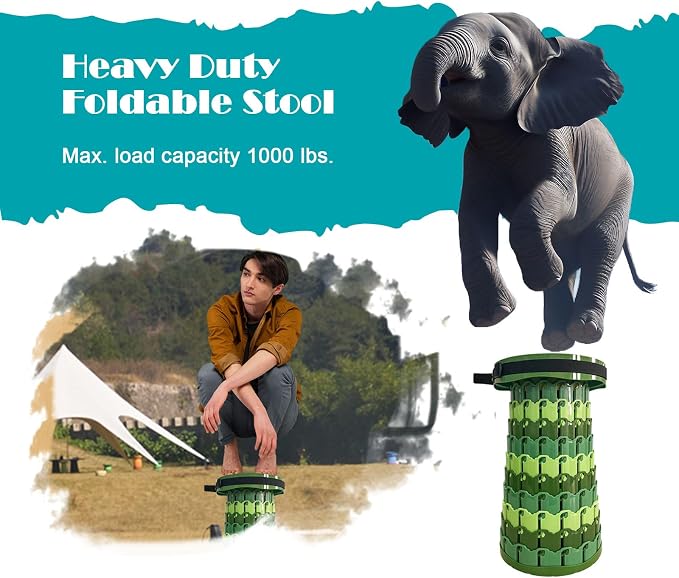 Collapsible Stool with Cushion,1000 lbs Capacity,19.7-in Adjustable Height | Wider & Taller Heavy Duty Portable Telescoping Folding Seat Chair for Adults Camping,Fishing,Travel,Queue Wait,Stadium View
