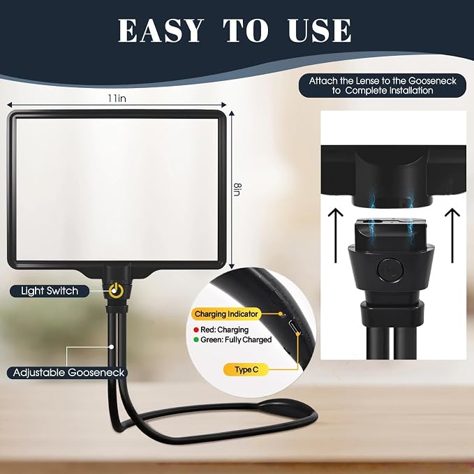 Large Magnifying Glass with Light Hands Free, Rechargeable Page Magnifier | 8" x 11" Page View • 106 LEDs • 6 Color Modes • Storage Bag • Ergonomically design • Flexible Gooseneck • for Seniors Read