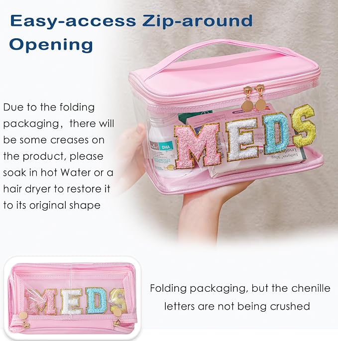 Chenille Letter Clear Medicine Makeup Bag, Large Size Waterproof Nylon Cosmetic Toiletry Storage bag with Top Handle, Transparent Meds First Aid Travel Organizer Cosmetic Bag(02Light Pink)