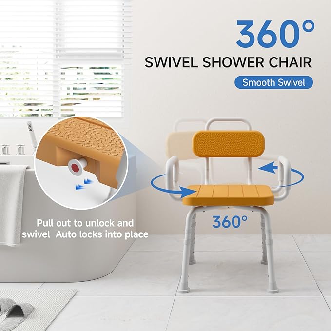 360° Swivel Shower Chair with Removable Arms, Adjustable Height Rotating Shower Chair for Inside Shower for Seniors and Disabled，Tool-Free 3-Min Assembly，Brown