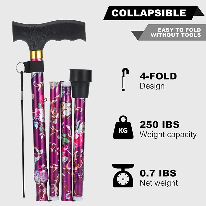 PARLORA Walking Cane for Women and Men, Collapsible, Lightweight, Sleek, Foldable Folding Cane | Walking Sticks for Seniors & Adults with Comfortable T-Handle