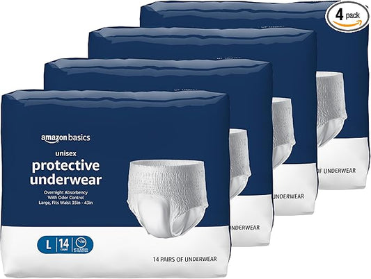 Amazon Basics Unisex Protective Underwear with Odor Control, Overnight Absorbency, Large, 56 Count (4 Packs of 14)