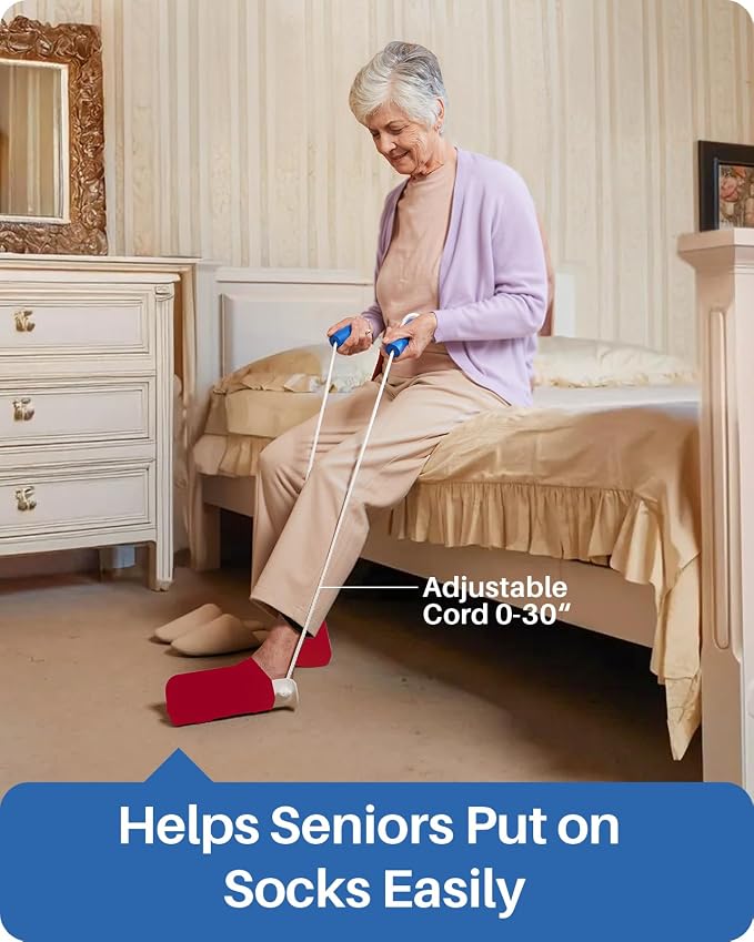 Jellas Sock Aid for Putting On Socks Kit,4.6 Inch Sock Helper for Seniors | Flexible Long Rope Design, Easy Put On Take Off Socks, Comfort Independence Helper, White