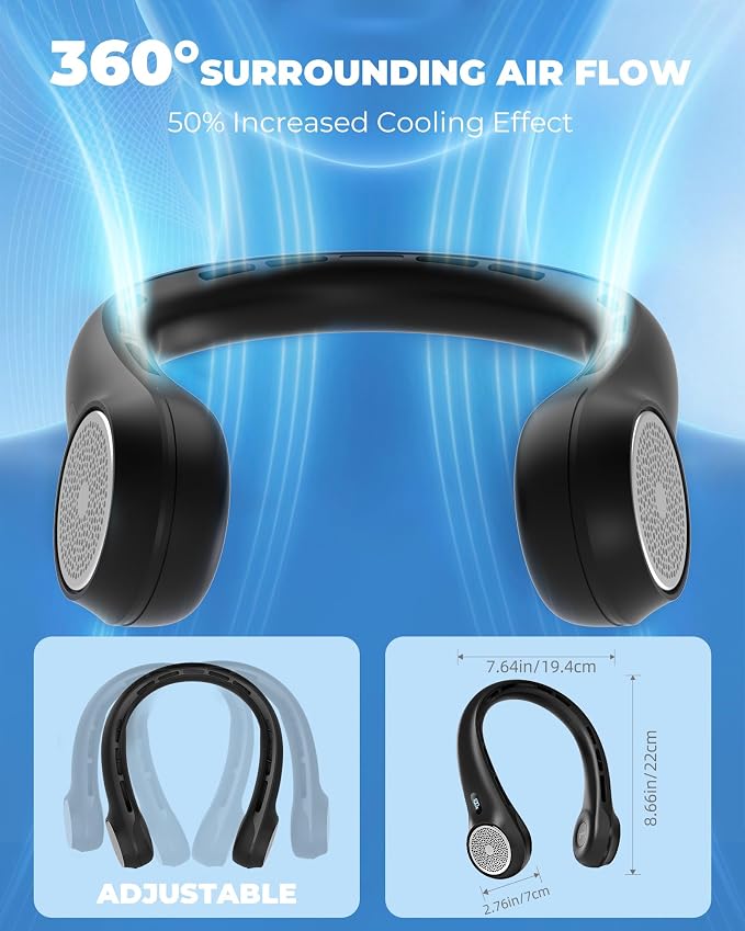 Neck Fan with 4000mAh Rechargeable Battery & LED Display, Portable Personal Cooler for Women/Men, 3-Speed Bladeless 360° Cooling Fans, Stylish Gift for Gym/Travel/Office, Black