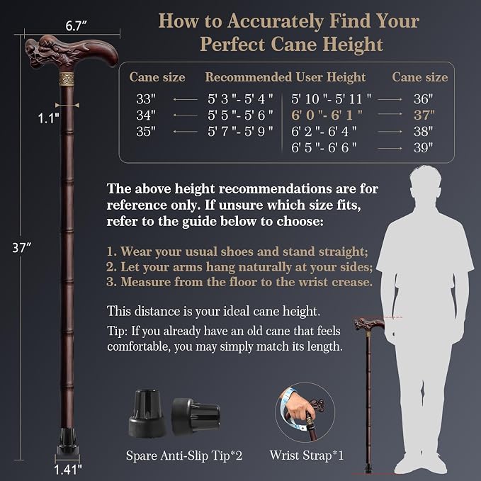 Wooden Walking Cane, 3D Dragon Engraved Cane Support up to 400 lb, Canes for Seniors Men Women of Different Heights