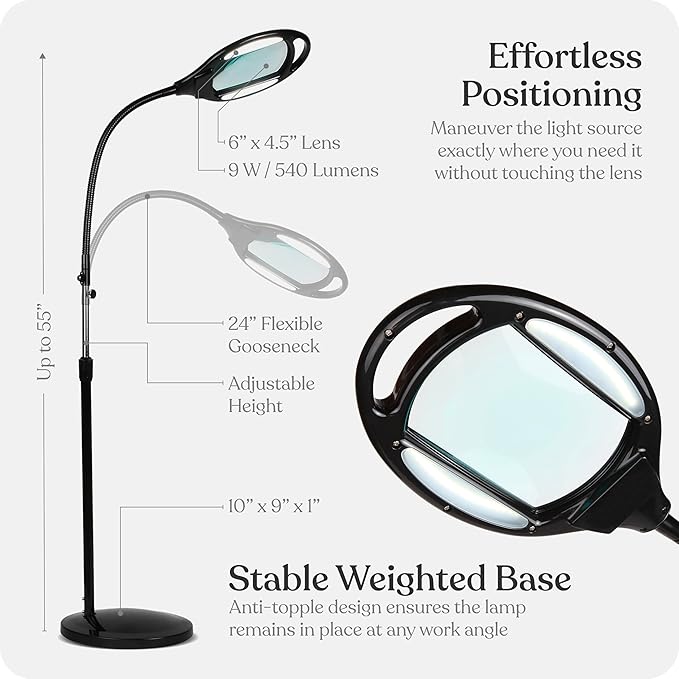 Brightech LightView Pro Magnifying Floor Lamp - Hands Free Magnifier with Bright LED Light for Reading - Work Light with Flexible Gooseneck - Standing Mag Lamp