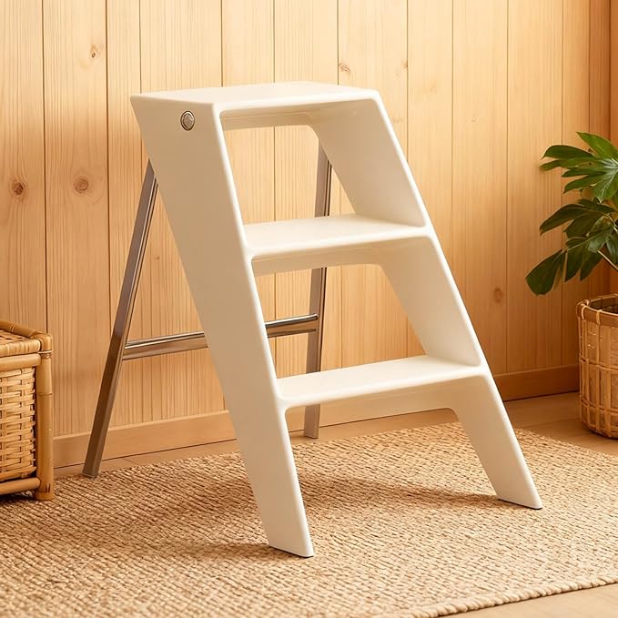 Acrylic 3 Step Ladder Folding Step Stool for Adults Foldable Small Step Stool Ladder for Kitchen Plastic Stepladder Modern Collapsible Ladder for Closet Home Bathroom Indoor (White)