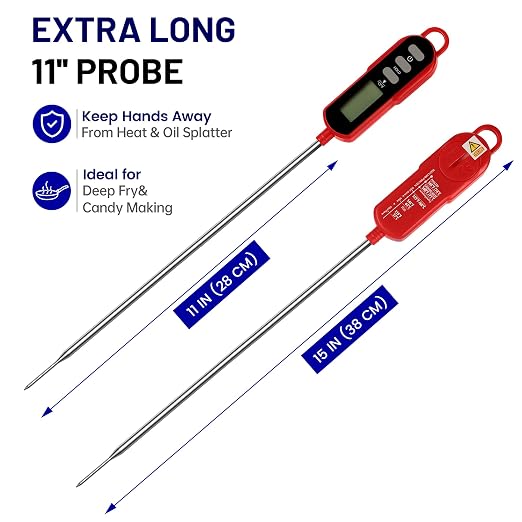 LONICERA Digital Candy Thermometer with Pot Clip, 11-Inch Probe, Red | 2–3 second instant read, IPX6 waterproof, backlit display, extra-long probe, for candy making, deep frying, oil and meat