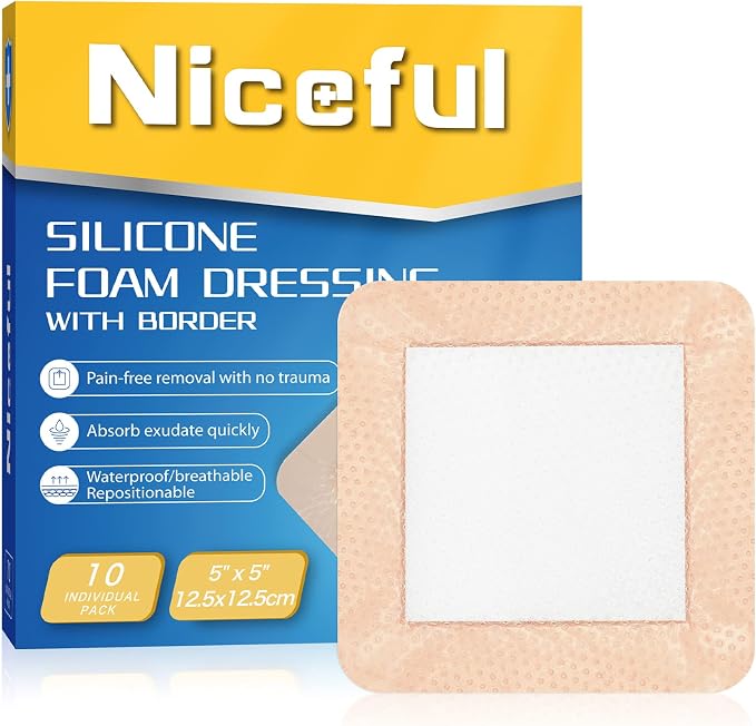 Niceful Silicone Foam Dressing | Large Bandages for Wounds Pressure Sores Post-Surgery 5"x5" （10Pcs）