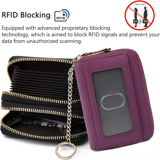 imeetu RFID Credit Card Holder, Small Card Wallet Women, Leather Card Case | Genuine Leather Women's Card & id Cases, Change Coin Purse with Zipper Keychain id Window, 20 Colors & 3 Styles, Daily, Gifts