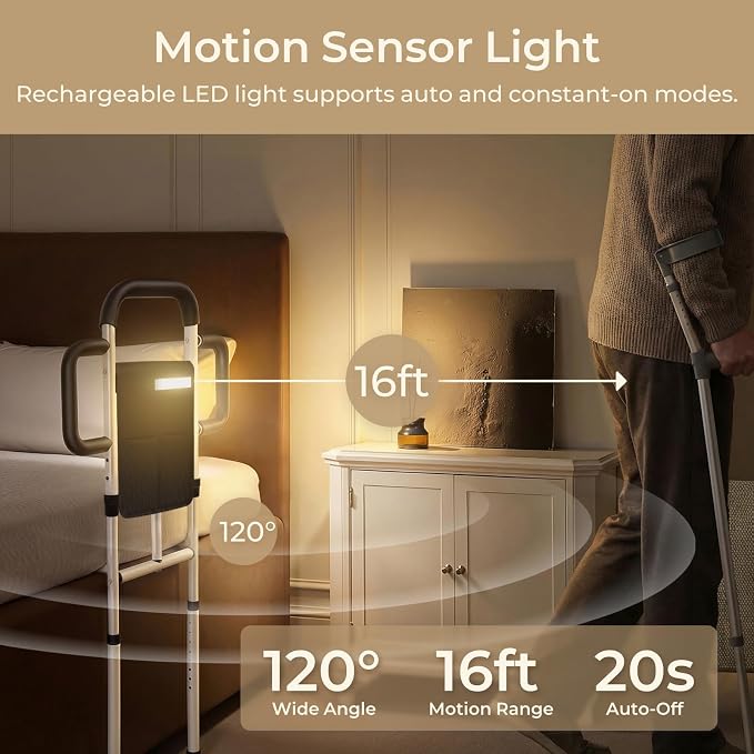 Bed Rails for Elderly Adults Safety, 400 Lbs Support for Seniors, ASTM-Certified Height Adjustable Bed Assist Rail with Motion Sensor Light, Triple Non-Slip Handles & Dual Storage Pockets