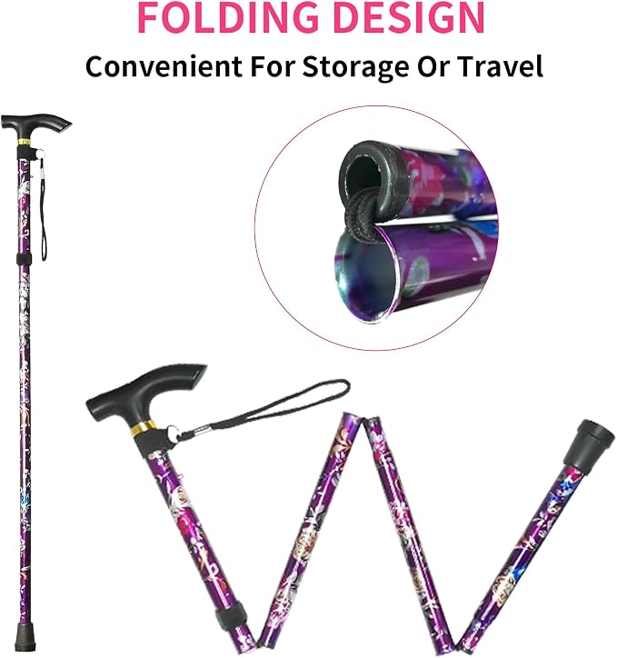 Folding Canes for Men and Women, Floral | 5-Level Adjustable Height, Lightweight Collapsible, Aluminum, Wrist Strap, T Handle, Walking Sticks for Seniors Adults