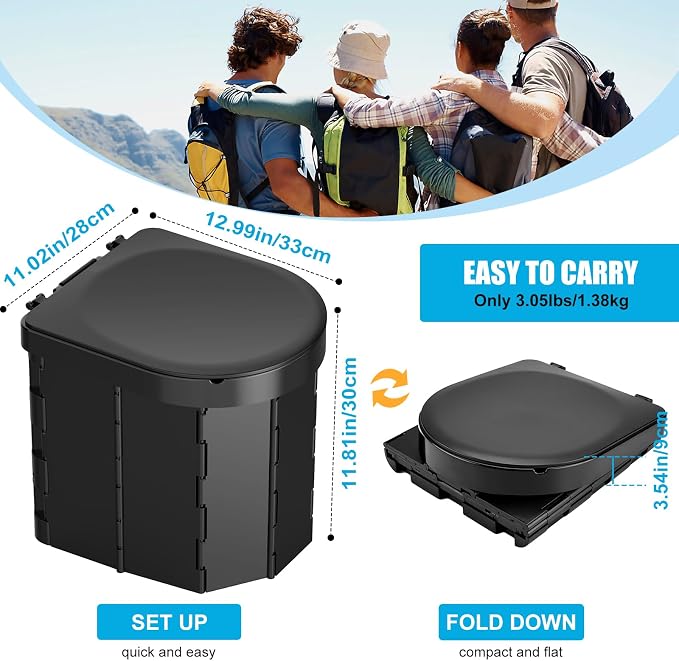 Portable Camping Toilet, Folding Toilet for Adults with Lid and Retractable Toilet Paper Holder, Waterproof Porta Potty with Carry Bag and Disposible Liners
