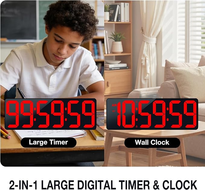 Large Digital Timer Wall Clock with Remote Control, 17.2" Count Down Up Digital Timer LED Display Auto DST Big Digital Clock for Bedroom Kitchen Living Room Office Gym Home Decor