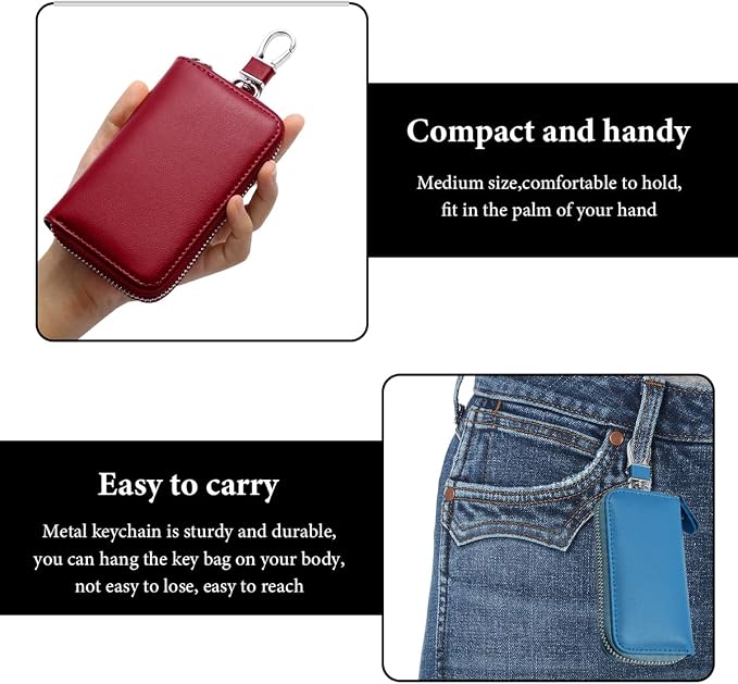 Leather Car Key Holder Bag, Unisex Key Fob Case with 6 Hooks, Zipper Closure Keychian Case Wallet for Smart Keys (Blue)