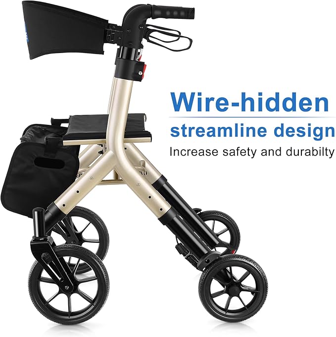 WALK MATE Rollator Walker for Seniors Taller 5.3~7ft with Height-Adjustable Seat, 10 Inch Wheels Wire-Hidden Walkers Compact Folding Design Lightweight Mobility Walking Aid Widen Backrest, Gold