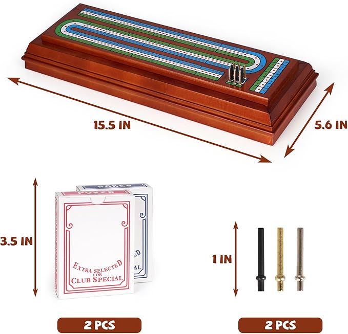 Wooden Cribbage Board Game Set with Cards and Metal Pegs, 3 Track Cribbage Board with Storage Drawer, Portable Travel Cribbage Set for Adults, Families, Seniors, Camping & Game Night
