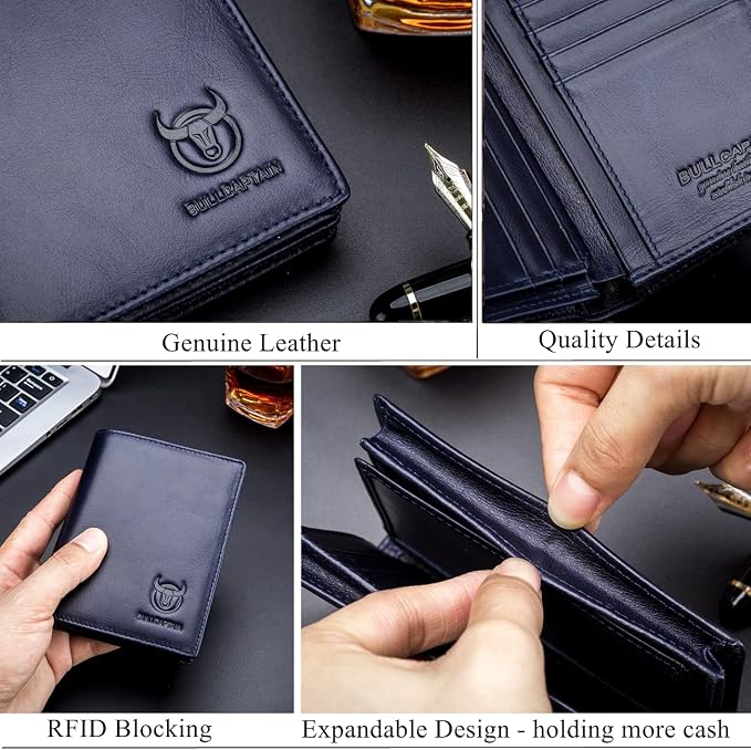 BULLCAPTAIN Large Capacity Genuine Leather Wallet for Men QB-027 | Bifold Wallet,RFID Blocking,Credit Card Holder,15 Card Slots,Special Expandable Design,gift choice