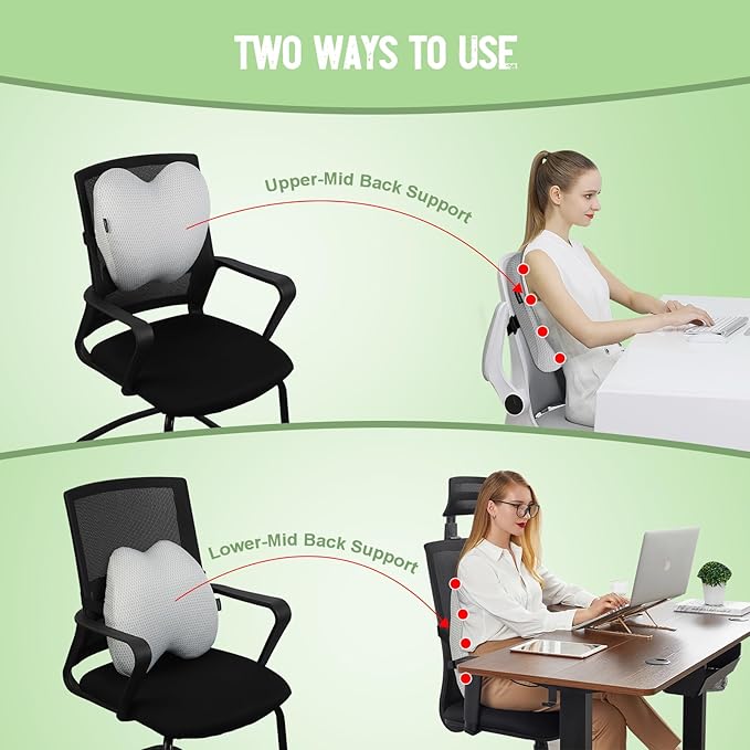 Lumbar Support Pillow Office Chair Car Back Pillow Ergonomic Lower Back Pain Relief Breathable Air Fiber Cushion with Hours Sitting on Worker Driver & Handicapped, Adjustable Strap (Light Gray)