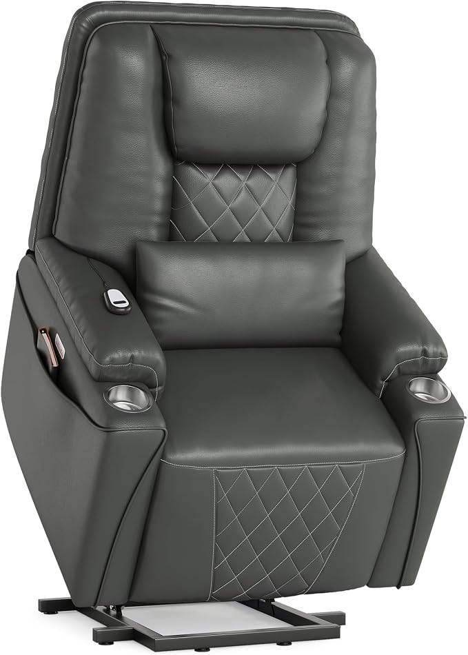 Power Lift Recliner Chair, Sofa with Stand Assist for Seniors, 3-Position Adjustable Recline, USB Charging Ports, Side Storage Pockets, 2 Cup Holders, and Remote Control, Living Room, Grey