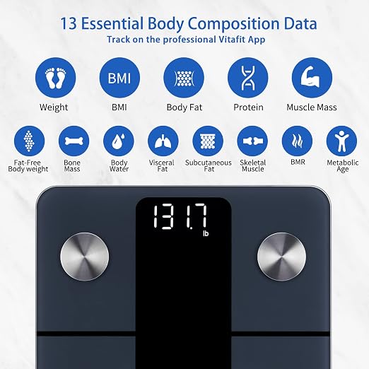 Vitafit Smart Scale for Body Weight, High Accuracy 0.1lb by Our Professional Factory Since 2001, Weight Scale App Sync 13 Body Composition with BMI, Body Fat and Muscle, 400lb, LED, Black