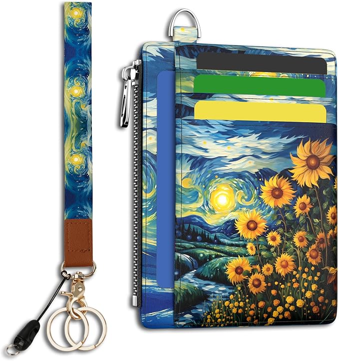 Hancynir Sunflower Slim Wallet Women Credit Card Holder Wristlet RFID Small | Cute Keychain Lanyard Wallet, Travel Zipper Coin Pocket, Ladies Gifts Women, Minimalist Card Case, 6 Card Slots, PU Leather
