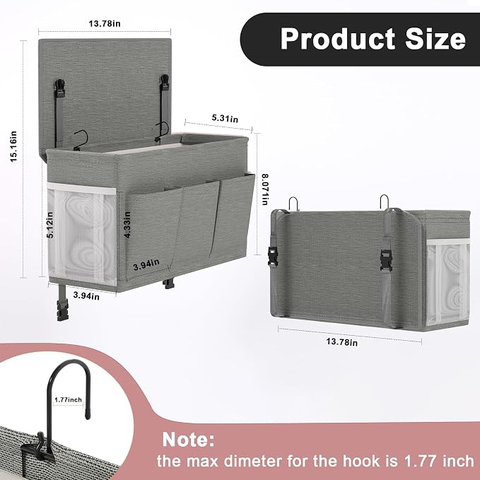 Bedside Caddy Storage Organizer for Bed Rails, Bed Caddy with 6 Pockets | Bedside Organizer with Fixed Straps and Hooks, Mattress Supported Versatile for Home, Dorm, Bunk, Hospital and Crib Bed