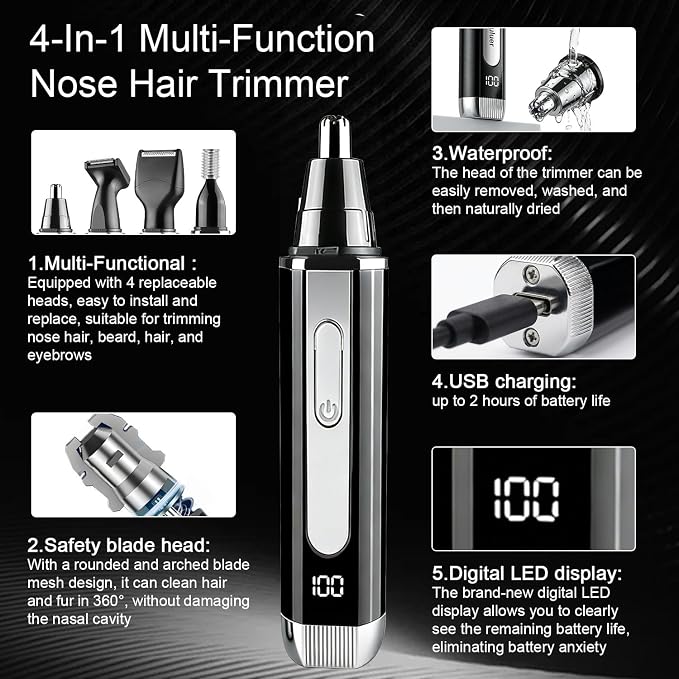 Nose Hair Trimmer for Men and Women: 4-in-1 Rechargeable Grooming Kit for Nose, Ear, Eyebrow & Beard, LED Display, High-Speed Precision Motor, USB-C Charging, Waterproof, Travel-Friendly (Black)