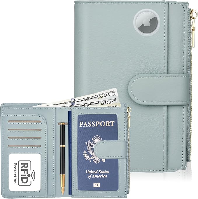 RFID Passport Holder for Travel, Leather Passport Wallet Cover with Airtag | with Airtag Slot, Card Cash Holders, Zippered Coins Pocket, for Women/Men, Gift Box, Travel Essentials, 4.1"L x 1"W x 6.3"H