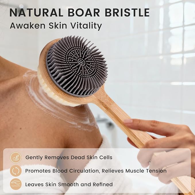 Back Scrubber for Shower - Double-Sided Silicone and Super-Dense Bristles for Deep Cleaning & Exfoliation, Bamboo Long Handle with Wider Anti-Slip Grip, Body Exfoliator for Wet or Dry Brushing