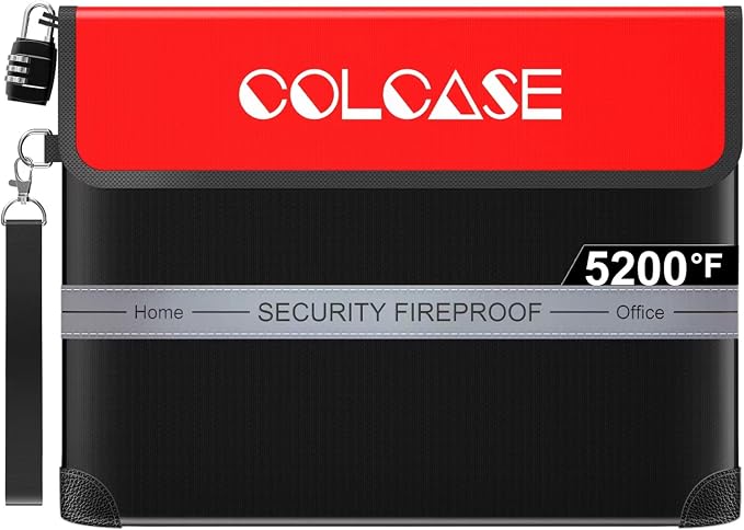 COLCASE Fireproof Document Bag 5200℉ Heat Insulated Waterproof Fireproof | Silicone Coated Fiberglass Fireproof Bag wih Lock 15x11 inches Zipper Bag Black