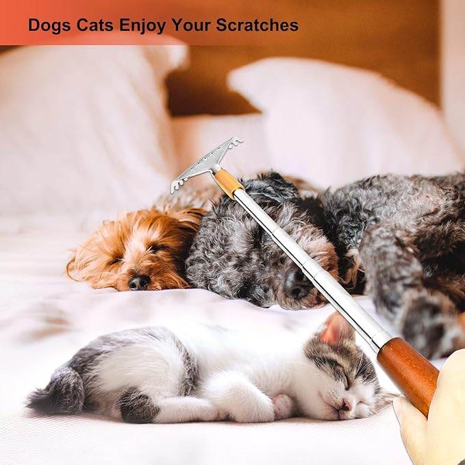 Back Scratcher, Metal Back Scratcher Telescopic Wooden Handle with Steel Roller Ball- Wide Claw, Portable Face Head Scalp Butt Scratcher Back Massager Tool