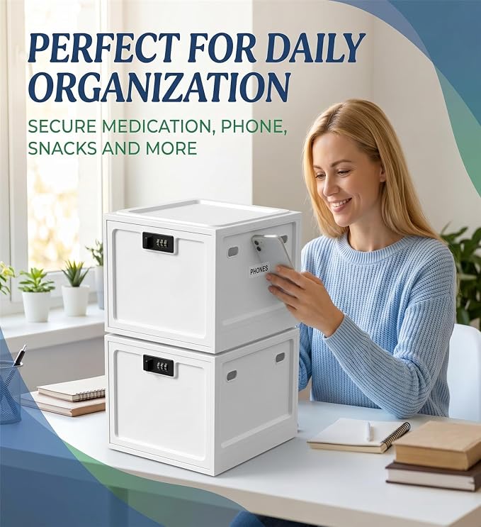 Medicine Lock Box for Safe Medication, 10L Lockable Storage Box for Fridge/Snacks Food, Phone Lock Boxes with Combination Code for Home/Dorms/Office Storage (1, Milky White)