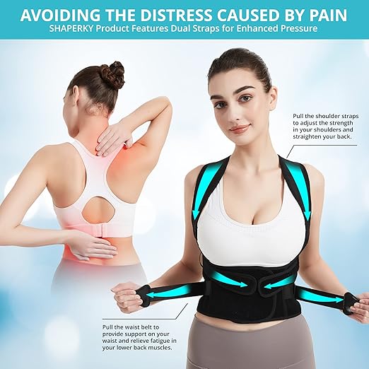 SHAPERKY Posture Corrector for Women for Support: Back Brace for Full Back Support - Adjustable Shoulder Straightener for Women and Men (Black, Large)