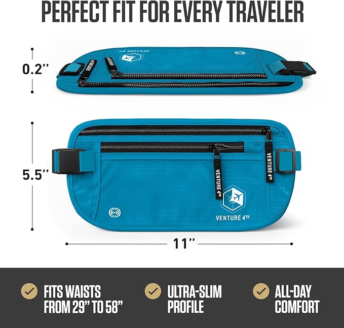 VENTURE 4TH Travel Money Belt, RFID Blocking Passport Holder - Blue