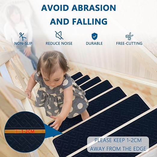 Stair Treads for Wooden Steps, 8" X 30" Non Slip Carpet Stair Treads with Reusable Adhesive for Elders and Dogs, Surface Polyester TPR Backing Stair-Runner 15PCS