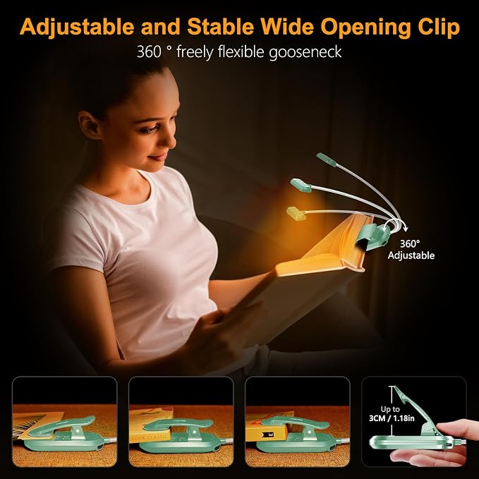 Gritin Rechargeable Book Light for Reading in Bed with 19 LED | Eye Caring 3 Color Temps, 5 Brightness Levels, Memory Function, 90 Hrs Runtime Flexible Goose Neck Clip on Light-Cyan