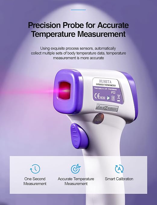 HUHETA Infrared Thermometer for Adults, Non Contact Forehead Thermometer with Fever Alarm, Accurate Reading and Memory Function, Body Temperature & Surface of Objects Use (Purple) | Accurate Reading,Memory Function,Fever Alarm, Body Temperature & Surfa...