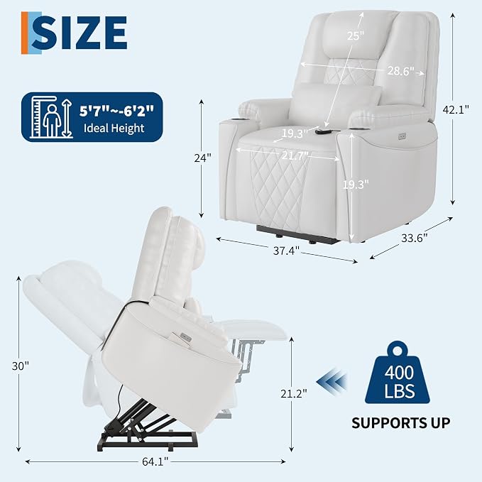 Recliner Chair, Electric Power Lift Chair with Remote, Stand Assist for Elderly, 3 Adjustable Positions, USB Charging Ports, Cup Holders, Side Storage Pockets, Comfortable Sofa for Living Room, White