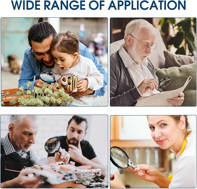 Large Magnifying Glass with Light, Magnifier Handheld Illuminated Lighted Magnifier with 3 LED Lights 1 UV Light Storage Bag Clean Cloth for Seniors Reading Inspection