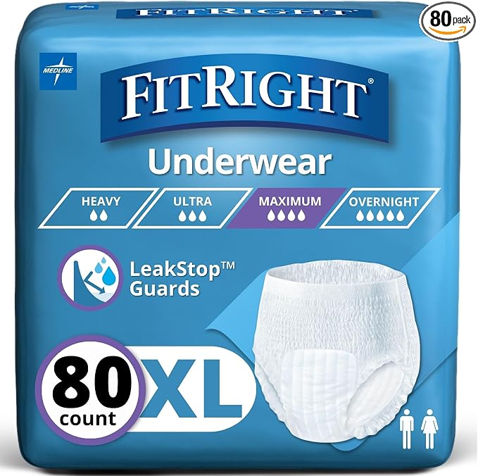 FitRight Super Adult Incontinence Underwear, Maximum Absorbency, X-Large, 56-68, 4 Packs of 20 (80 Total)