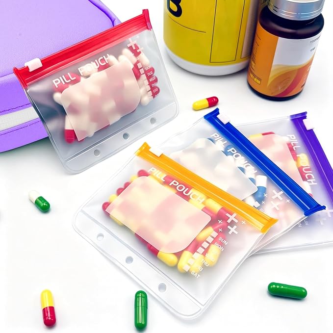 A8 Waterproof Pill Organizer Set, Twice-Daily Large Pill Organizer for Seven Days, Pill Storage with 14 Color-Coded Pouches, Reusable Travel Medicine Organizer