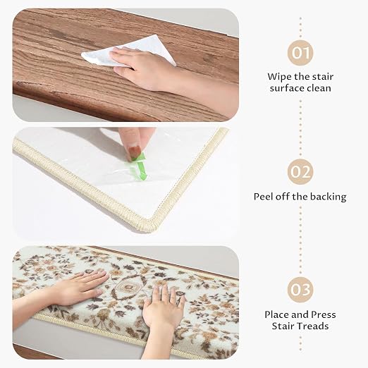RORA Bullnose Stair Treads for Wooden Steps, Non Slip Stair Carpet 14pcs | Washable, Self-Adhesive, Floral Stair Rug Runner with Edge Protection for Indoor, Pets & Elder, 29.5 x 9.5x 1.7, Brown