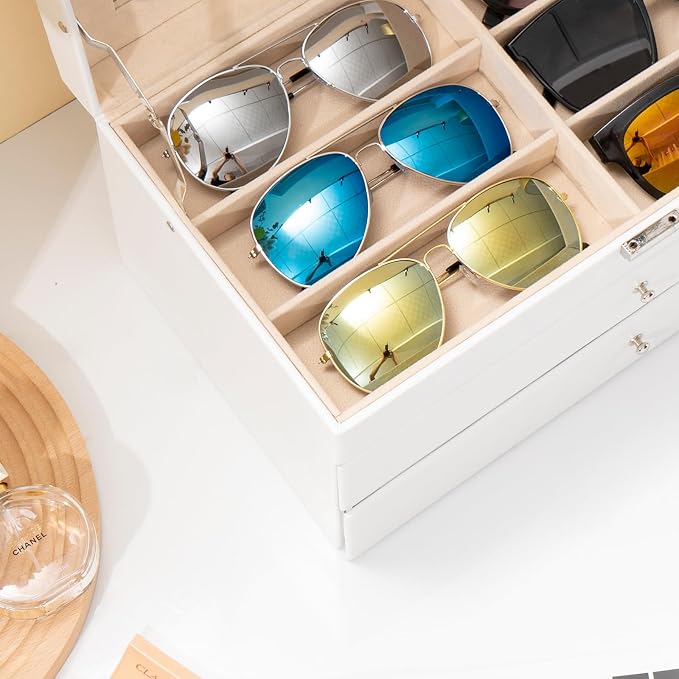 ProCase 3-layer Sunglasses Storage Organizer, 18 Slots Leather Sunglass Box Multiple Pairs Eyeglass Cases Eye Glass Eyewear Display Holder for Men Women, Valentine's Day Gift -White